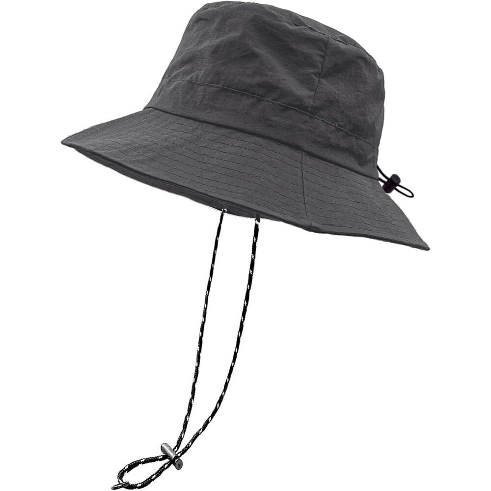 Unisex Grey 100% Polyester Wide Brim Boonie Waterproof Chin Strap Bucket Sun Hat